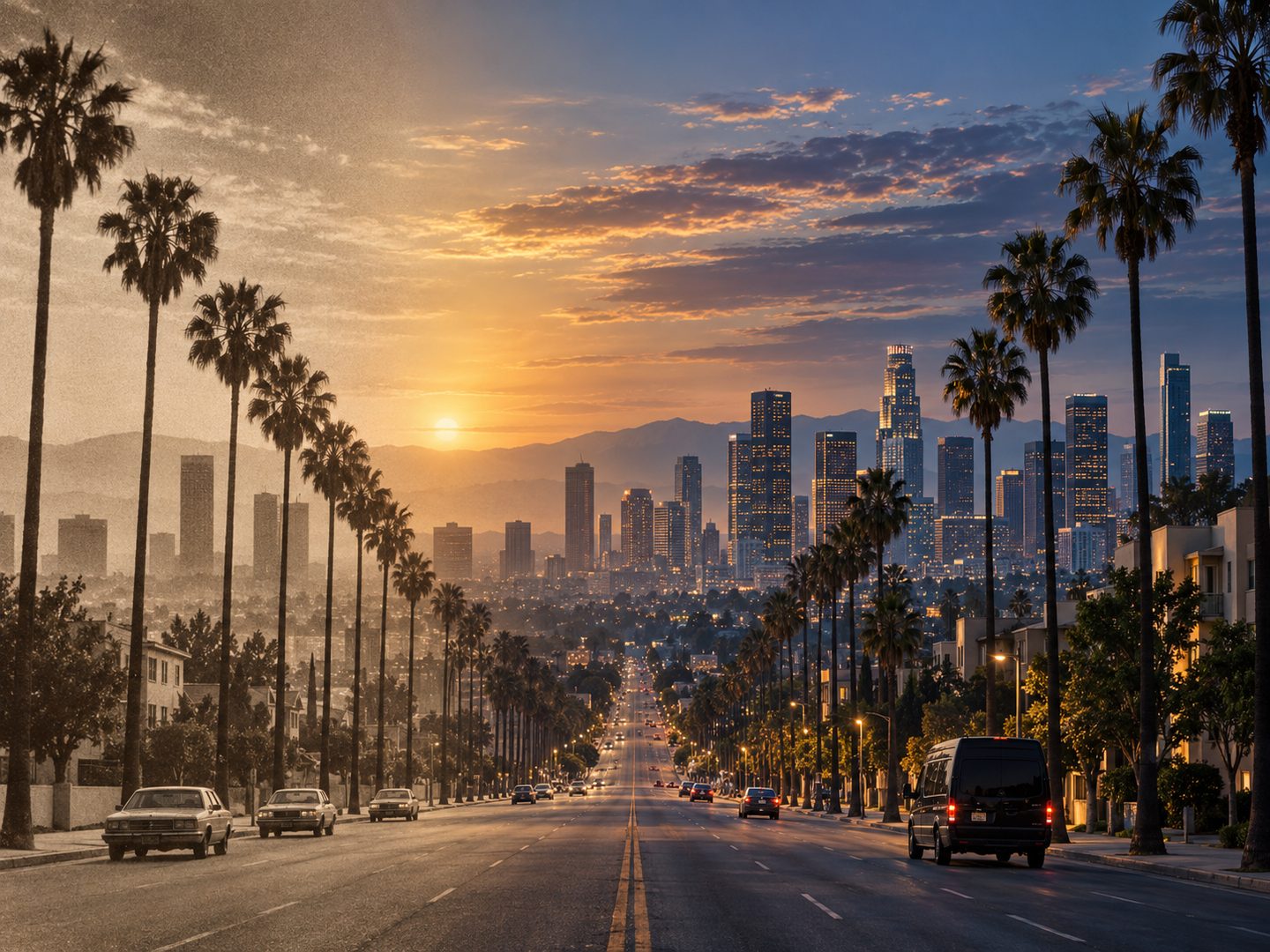 The Los Angeles skyline at sunset